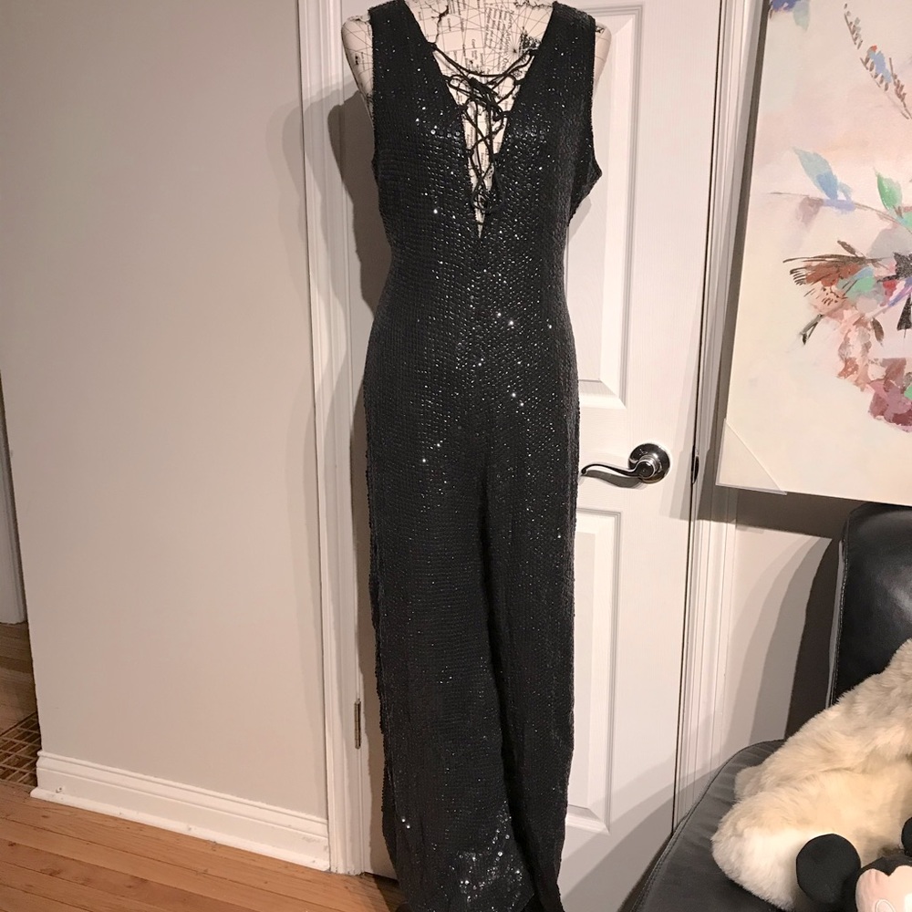 👹NWT Vintage Style Works Sequin Jumpsuit lace corset Formal Evening goth 18